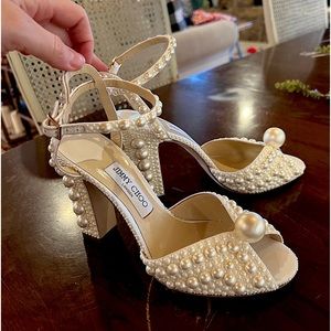Jimmy Choo Sacaria Faux Pearl-Embellished Satin Peep-Toe Sandals size 10